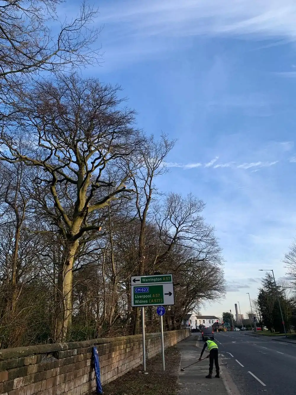 A line of mature trees behind a sandstone wall beside a main road, a worker in hi-vis sweeping the footway